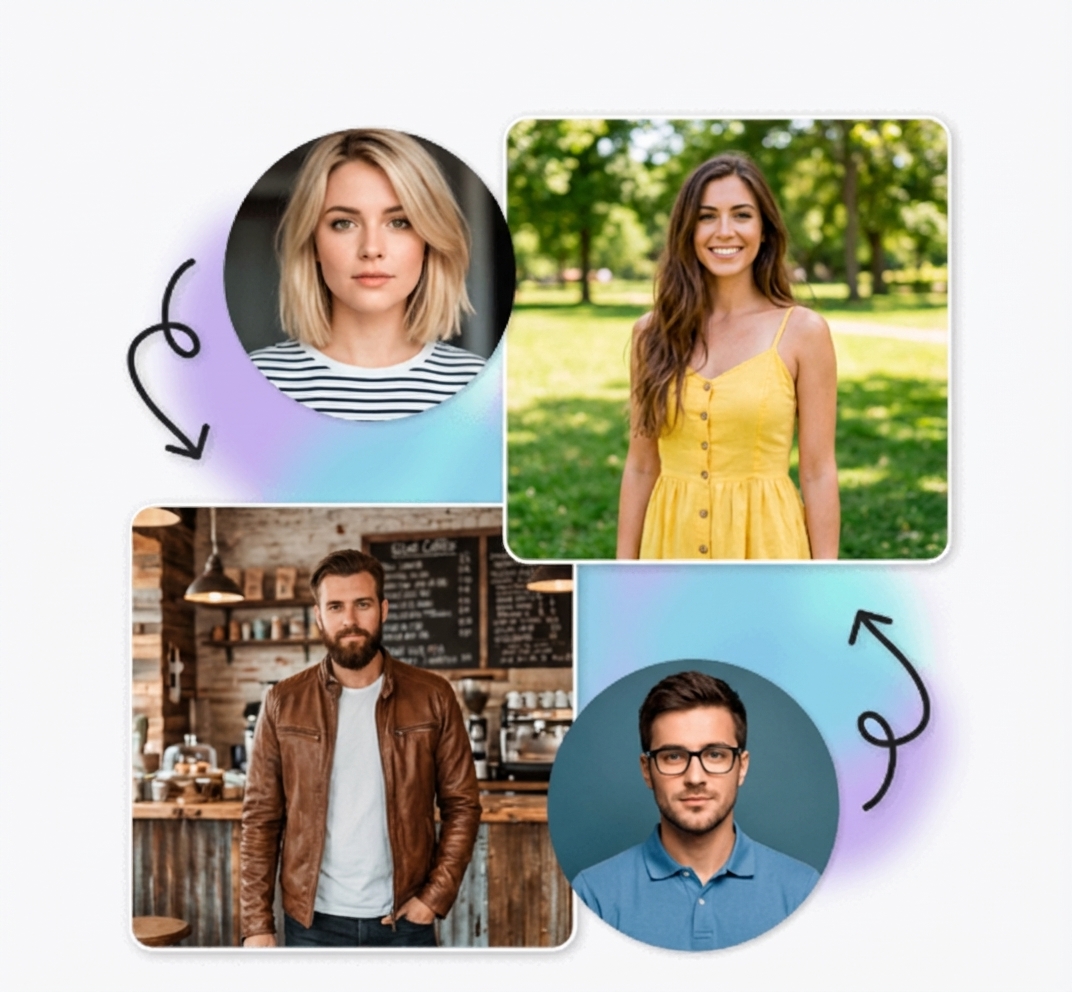 Cross-gender and cross-age AI face swap examples