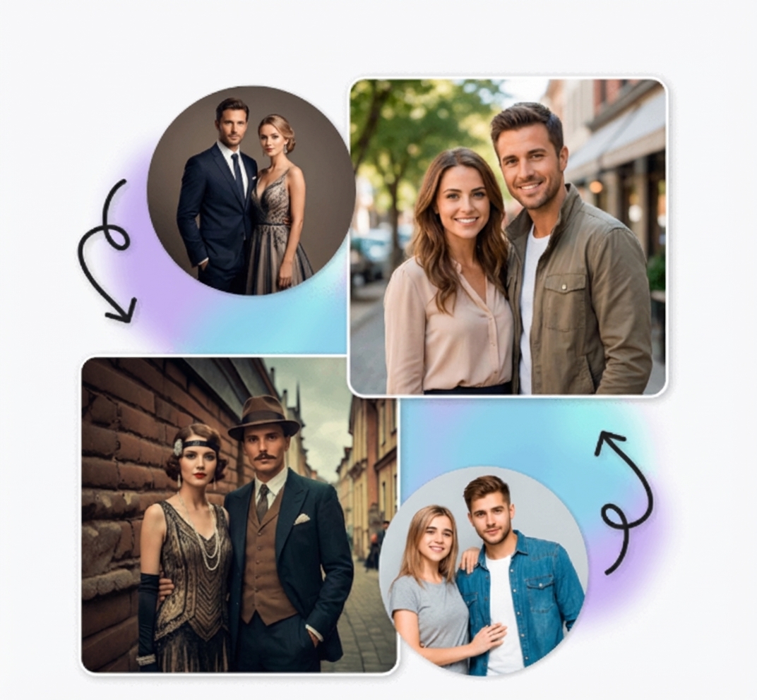 Before and after example of a high-quality couple face swap