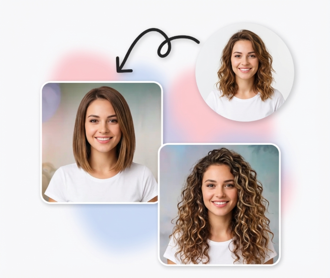 Before and after comparison of realistic AI hairstyle changes