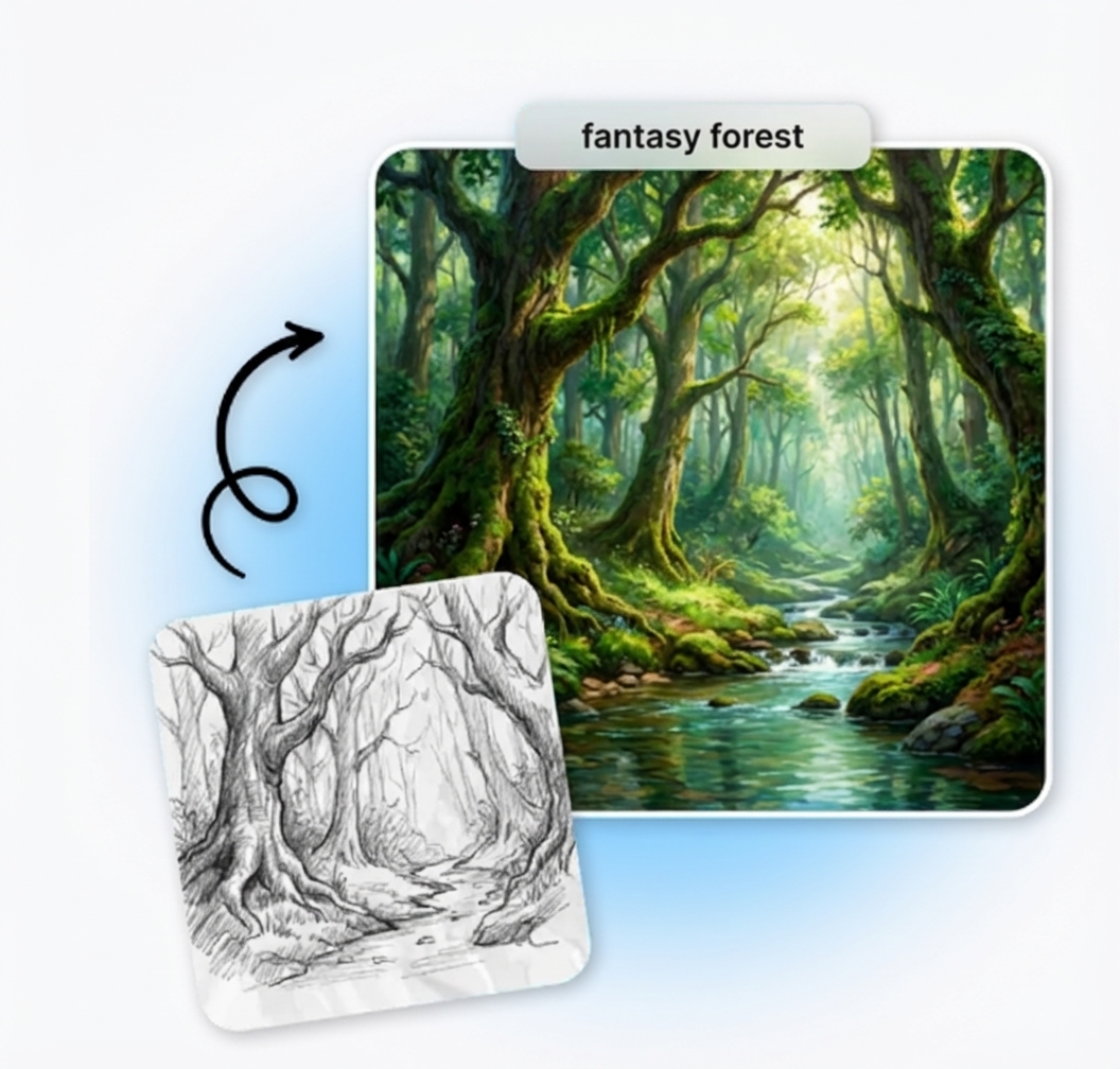 Interface showing sketch plus text prompt to control output