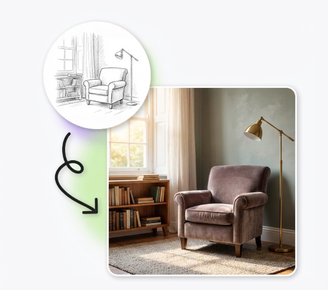 Interior design sketch transformed to render